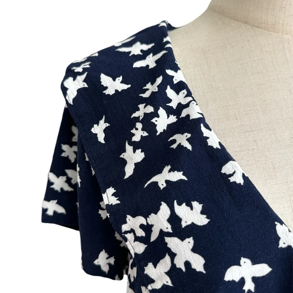 Anthropologie Austen Collared Navy and White Bird Motif  Blouse Top Size 12_4